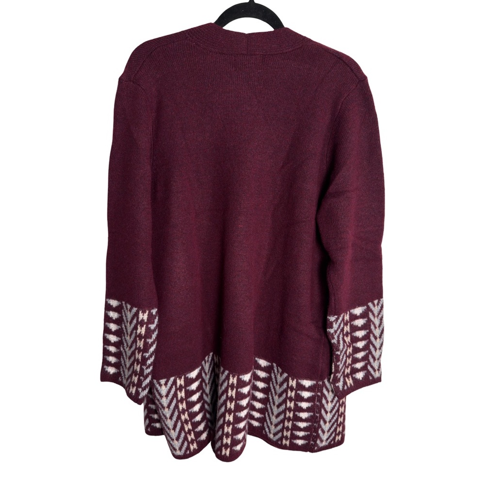 New Frye New Cozy Geometric Open Front Burgundy White Cardigan Size L - Picture 6 of 10